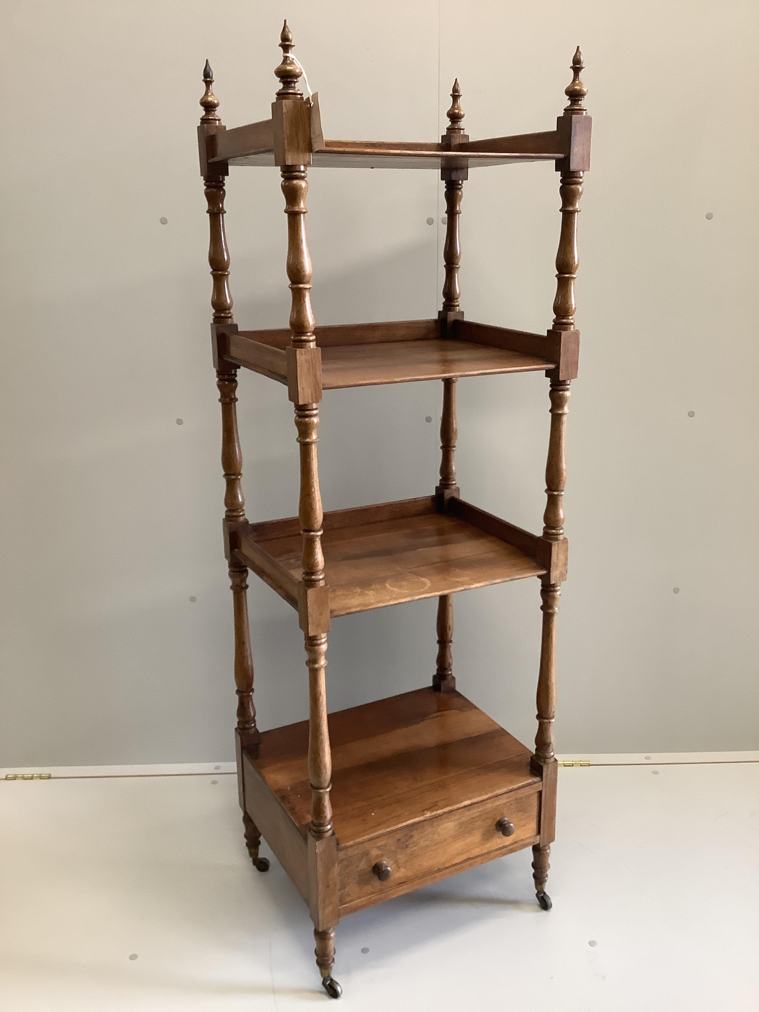 An early Victorian rosewood four tier whatnot, width 40.5cm, depth 50.5cm, height 157.5cm